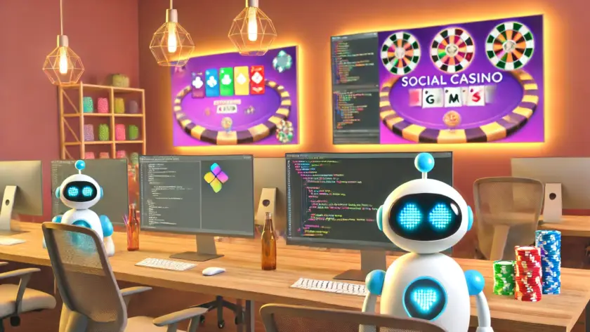 f AI robots and human developers working together in a warm and collaborative studio setting