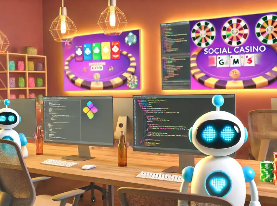 f AI robots and human developers working together in a warm and collaborative studio setting